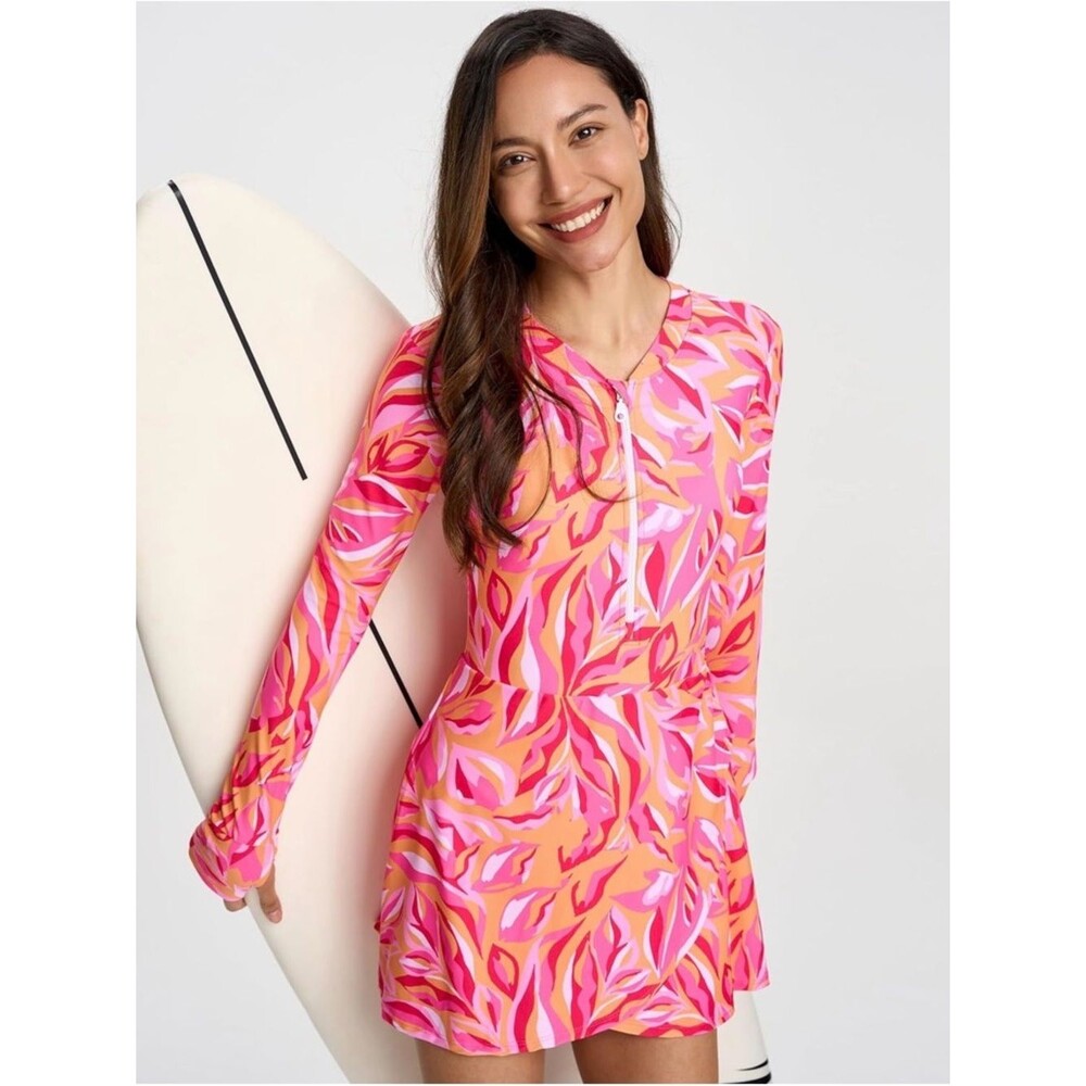 Cagola Rash Guard Swimsuit Long Sleeve Swim Dress Bra Pockets Pink Orange S NWT - Picture 9 of 9